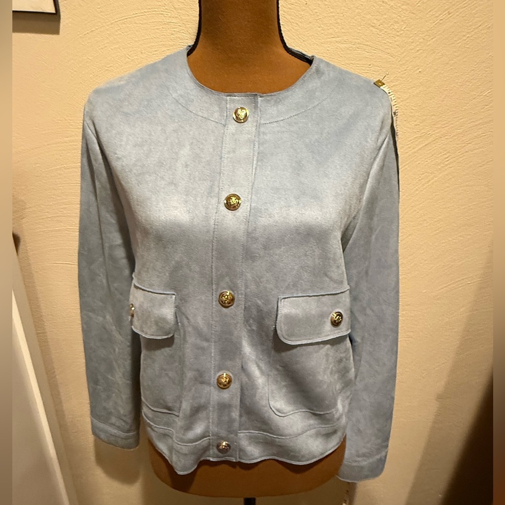 Zara powered blue jacket with gold buttons